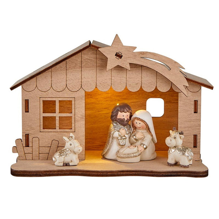 Childlike Nativity With Lighted Creche