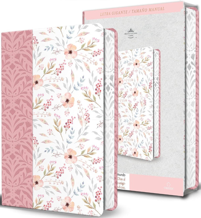Biblia RVR60 Letra Gigante, Simil Rosada Con Flores Y Cantos