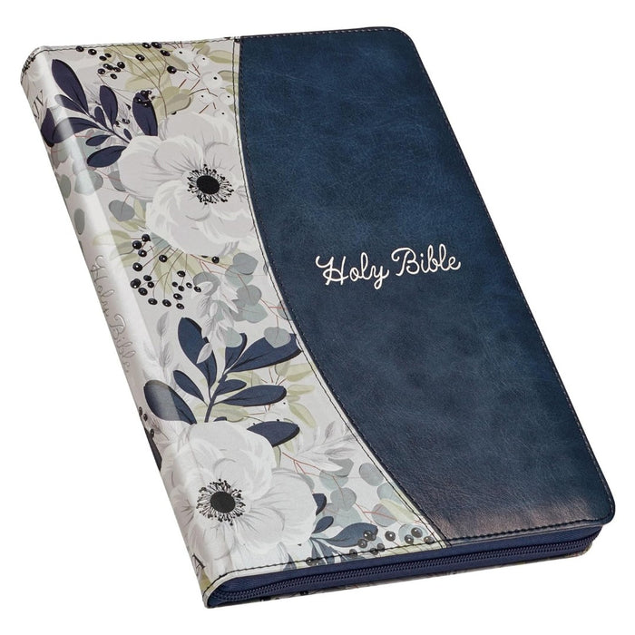 Blue Pearlized Floral Faux Leather Large Print Thinline KJV