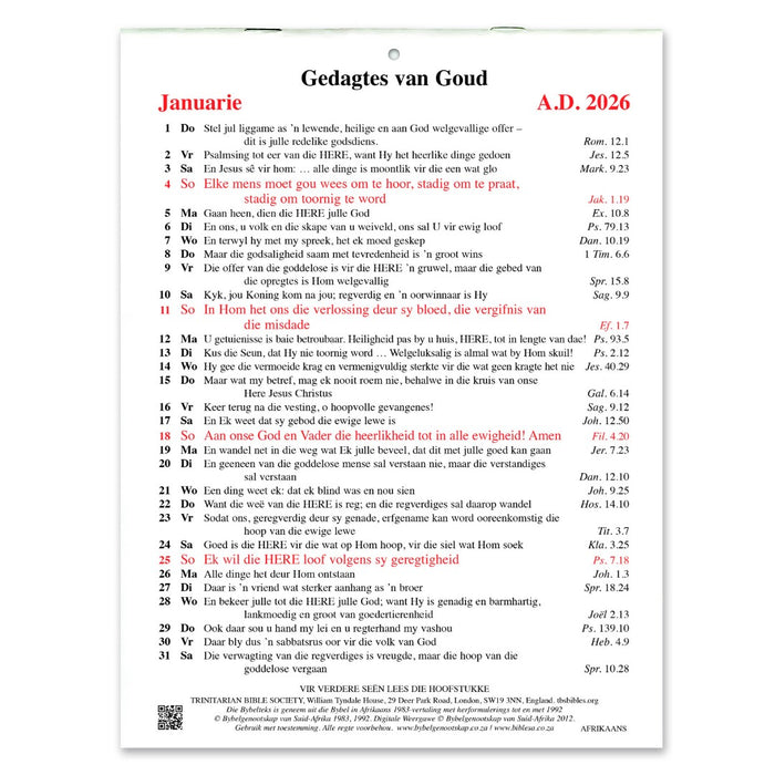 Afrikaans Golden Thoughts Calendar 2026