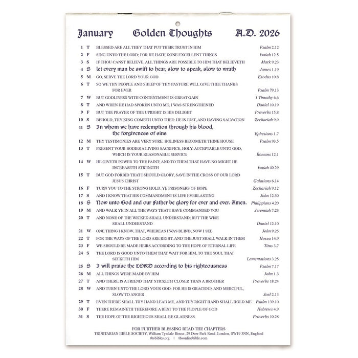 English Golden Thoughts Calendar 2026