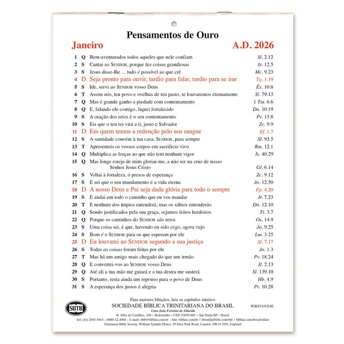 Portuguese Golden Thoughts Calendar 2026