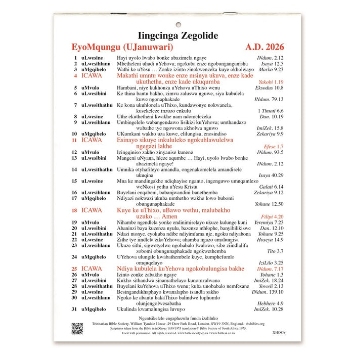 Xhosa Golden Thoughts Calendar 2026