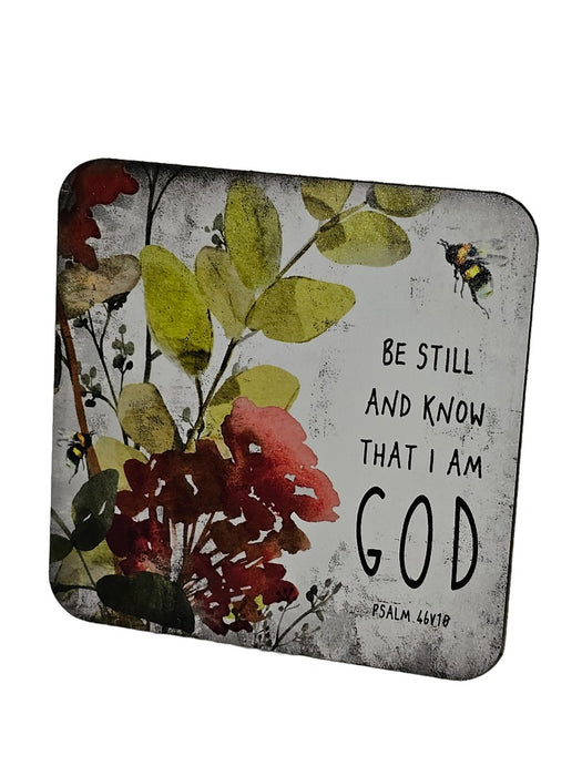 Bible Coaster - Be Still And Know - Red Flower And Bee
