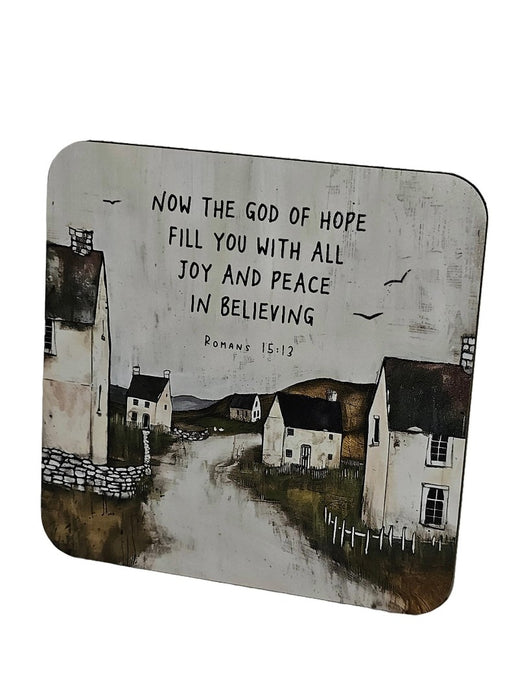 Bible Coaster - Now The God Of Hope Fill You - Mountain Vill