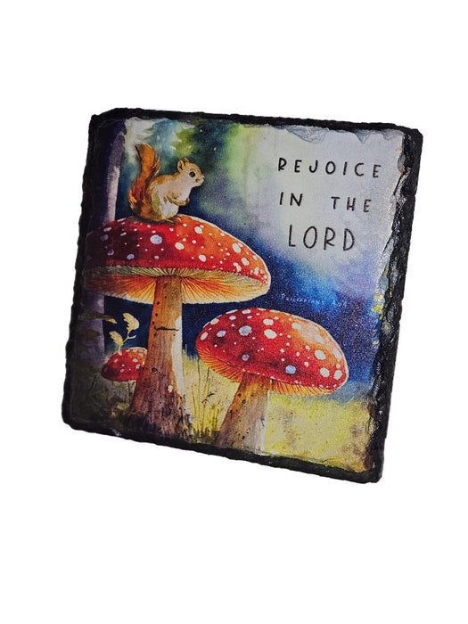 Bible Slate - Rejoice In The Lord Toadstool And Squirrel