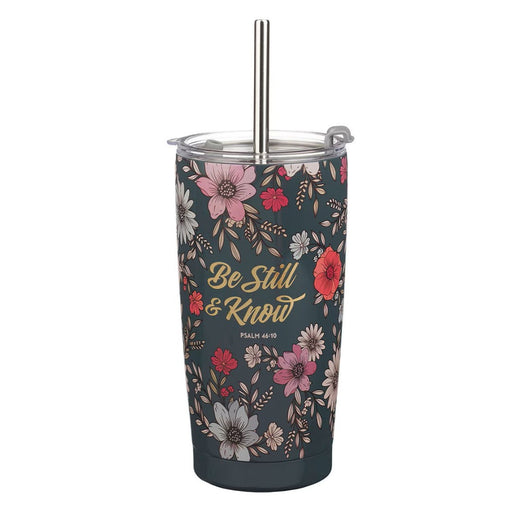 Be Still Teal Botanical Stainless Steel Tumbler With Reusabl