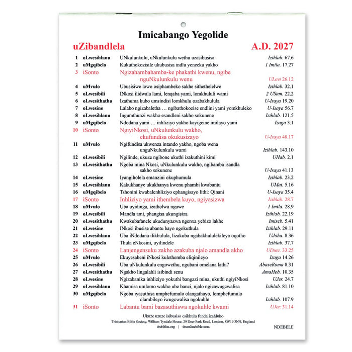 Ndebele Golden Thoughts Calendar 2027